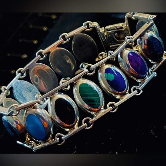 Beautiful 950 Fine Silver Mexico Multi Stone Inlay Link 7.5” Bracelet - Picture 8 of 10